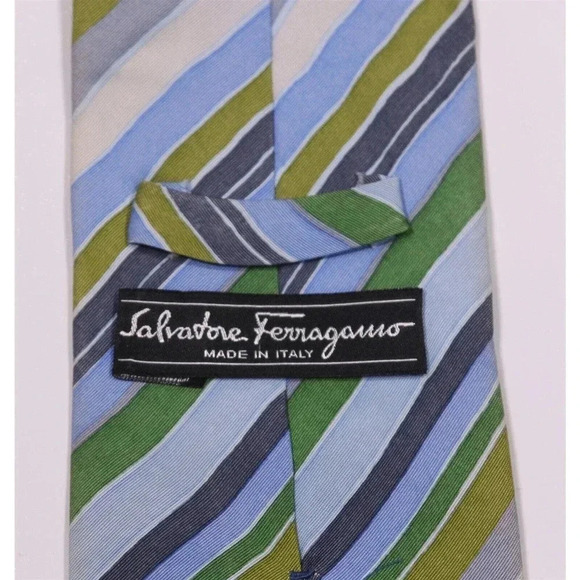 Salvatore Ferragamo Blue-Green Striped Silk Necktie Tie - Picture 5 of 8